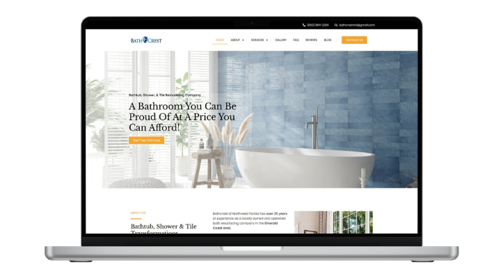 Mockup laptop menampilkan desain website Bath Crest hasil pembuatan SitesGuru.com