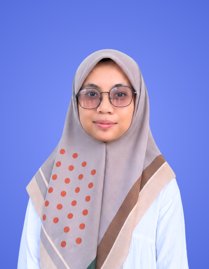 Female SitesGuru team member wearing glasses and a patterned hijab against a blue background.