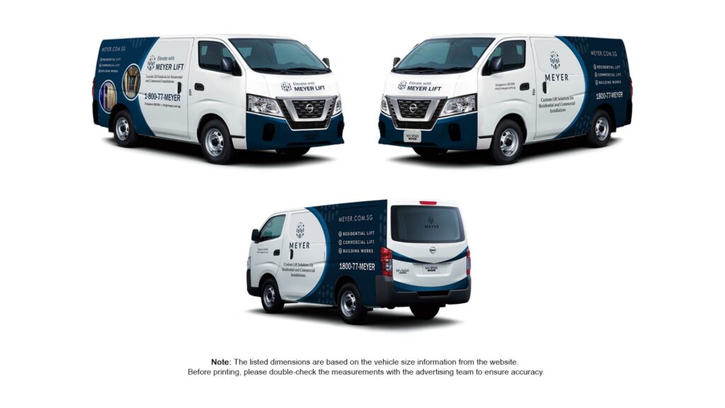 Modern commercial vehicle wrap design mockup showcase for Meyer Lift corporate fleet branding.