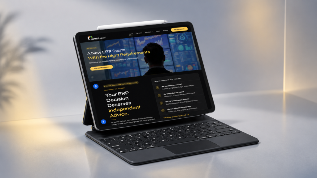 Modern responsive website design showcase for Handsfree ERP software solutions.