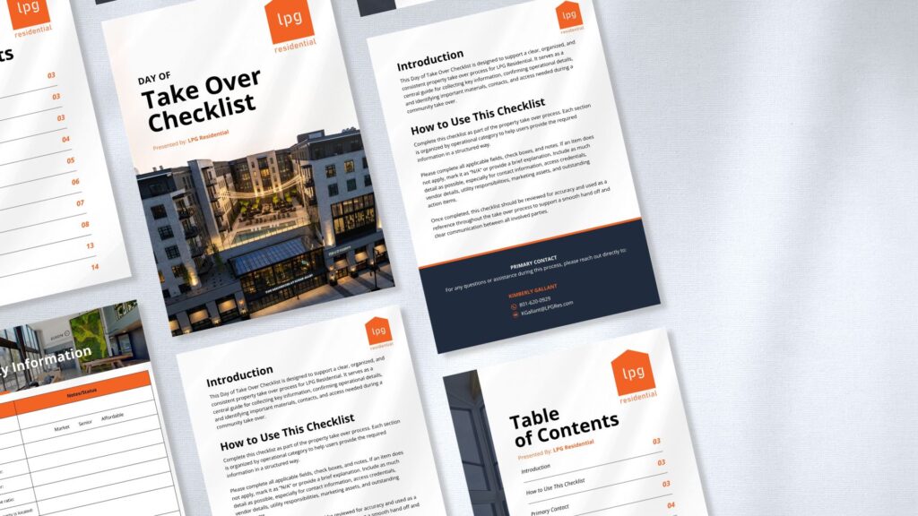 Professional property management takeover checklist document and layout design showcase for LPG.