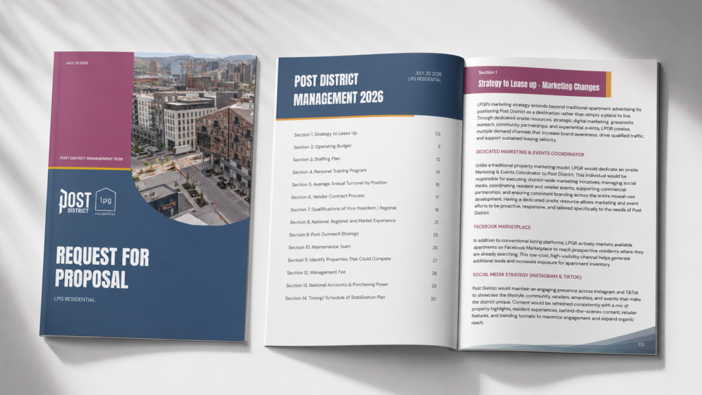 LPG Residential Post District Management 2026 proposal document and layout design showcase.