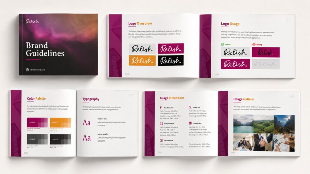Relish Studio comprehensive brand guidelines and corporate identity design showcase.