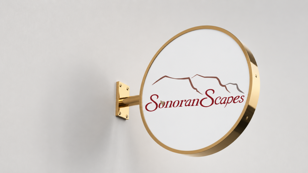 Sonoran Scapes logo recreation and round store sign branding design.