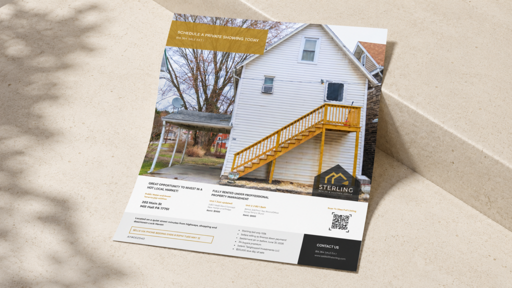 Modern real estate promotional flyer design mockup showcase for Sterling Property marketing collateral.