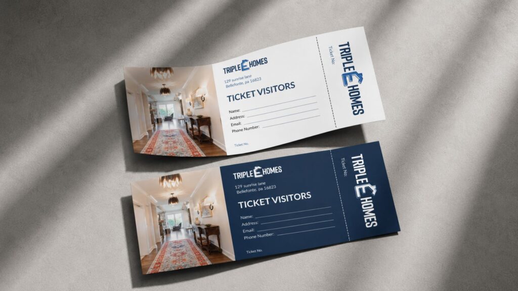 Modern corporate ticket design and print collateral mockup for Triple E Homes showcase.